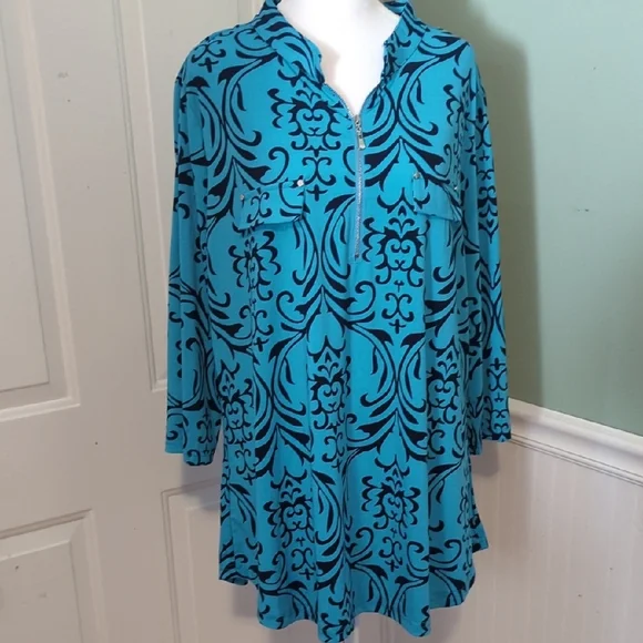 Bepei 2X Long Sleeve Blouse Turquoise Black Paisley Zipper - Picture 1 of 13